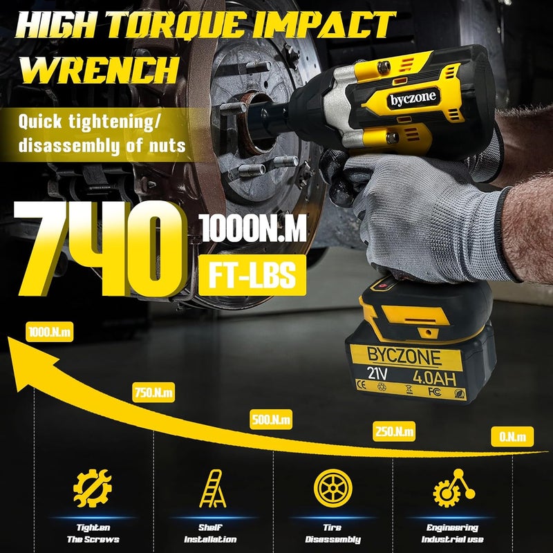 byczone 1000N.m(740Ft-lbs) Cordless Impact Wrench, 1/2 Inch High Torque Brushless 21V Impact Gun w/ 2 x 4.0Ah Battery & Fast Charger & 6 Sockets, Pistola De Impacto for Home Car Tires Truck Mower - Image 2